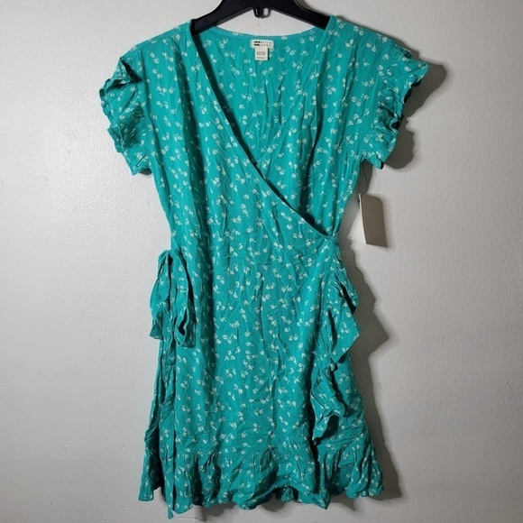BILLABONG Wrap And Roll Mini Wrap Dress Floral Teal Crinckly Short Sz XS/6 - Picture 3 of 12